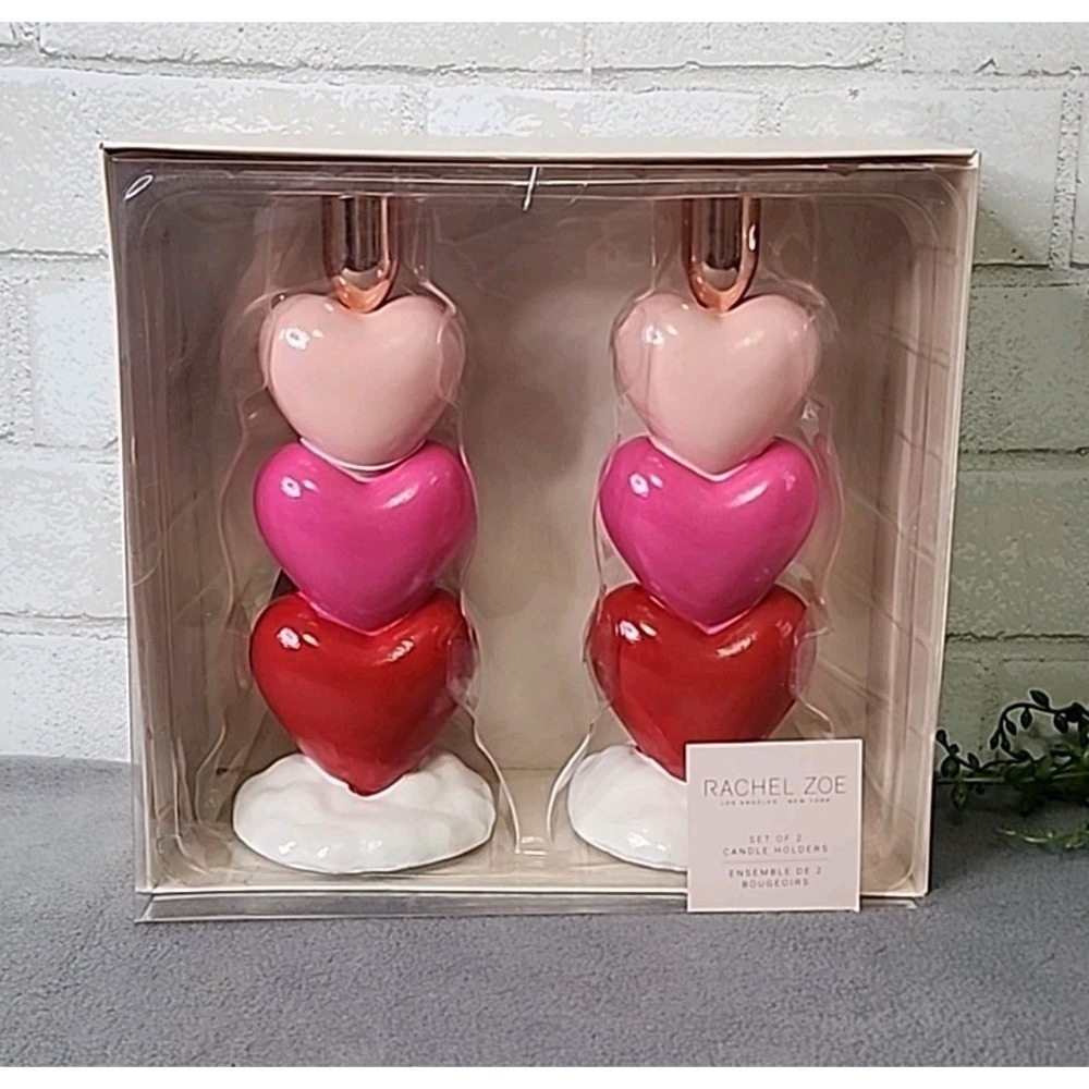 Rachel Zoe Set of‎ 2 Stacked Hearts Pink Red Candle Holders Valentines 8.5" NEW